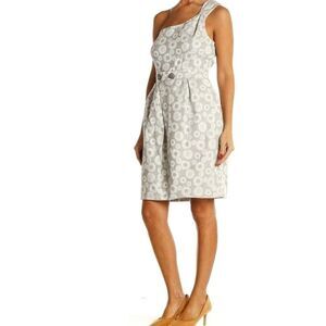 Moulinette Soeurs Elegant Cream and Silver Patterned Dress. One Shoulder. Dressy